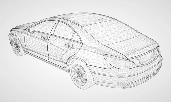 O modelo ostenta um sedan premium. Ilustração vetorial na forma de uma grade triangular poligonal preta sobre um fundo cinza . — Vetor de Stock