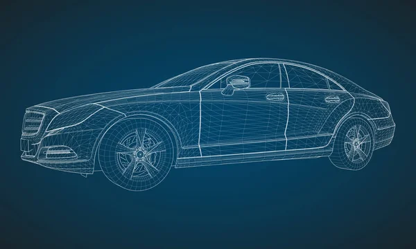 Het model sport een premium sedan. Vectorillustratie in de vorm van een witte veelhoekige driehoekige raster op een blauwe achtergrond. — Stockvector