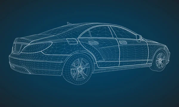 Il modello sfoggia una berlina premium. Illustrazione vettoriale sotto forma di griglia triangolare poligonale bianca su sfondo blu . — Vettoriale Stock