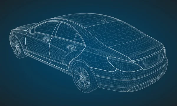 Il modello sfoggia una berlina premium. Illustrazione vettoriale sotto forma di griglia triangolare poligonale bianca su sfondo blu . — Vettoriale Stock