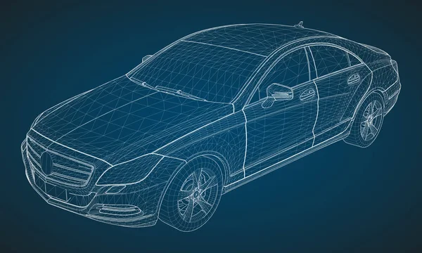 O modelo ostenta um sedan premium. Ilustração vetorial na forma de uma grelha triangular poligonal branca sobre um fundo azul . — Vetor de Stock