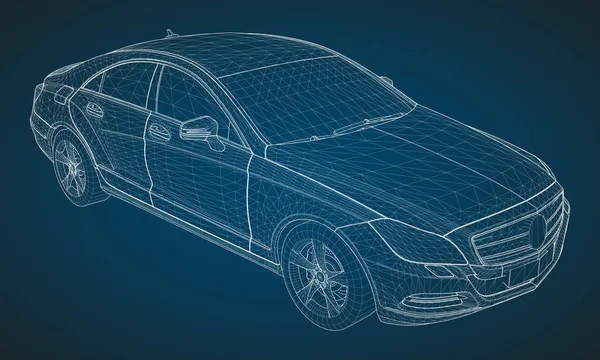 O modelo ostenta um sedan premium. Ilustração vetorial na forma de uma grelha triangular poligonal branca sobre um fundo azul . — Vetor de Stock