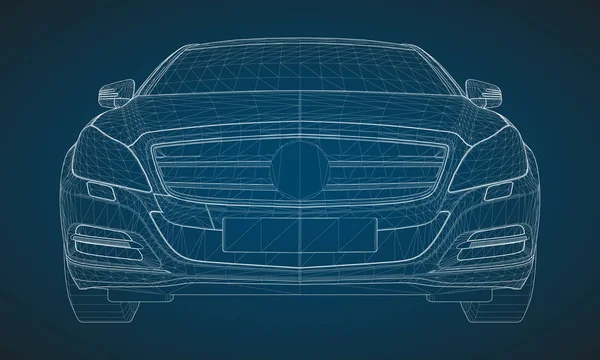 Das Modell trägt eine Premium-Limousine. Vektorillustration in Form eines weißen polygonalen dreieckigen Gitters auf blauem Hintergrund. — Stockvektor