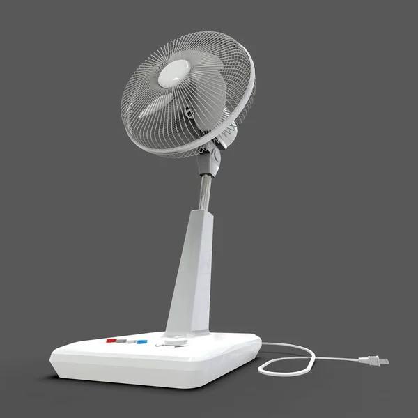 White electric fan. Three-dimensional model on a gray background. Fan with control buttons on the stand. A simple device for air ventilation. 3d illustration.