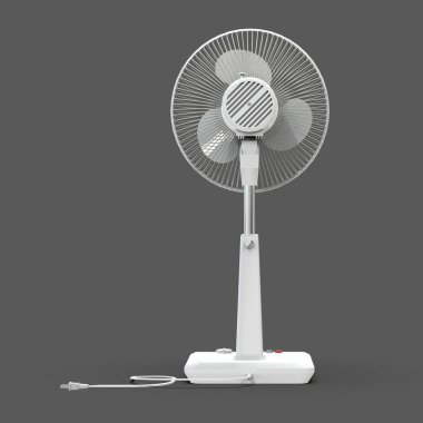 Beyaz elektrikli vantilatör. Gri arka planda üç boyutlu bir model. Kürsüde kontrol düğmeleri olan vantilatör. Havalandırma için basit bir cihaz. 3d illüstrasyon.