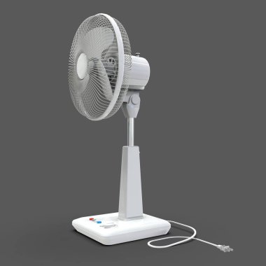 Beyaz elektrikli vantilatör. Gri arka planda üç boyutlu bir model. Kürsüde kontrol düğmeleri olan vantilatör. Havalandırma için basit bir cihaz. 3d illüstrasyon.