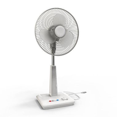 Beyaz elektrikli vantilatör. Beyaz arka planda üç boyutlu bir model. Kürsüde kontrol düğmeleri olan vantilatör. Havalandırma için basit bir cihaz. 3d illüstrasyon.