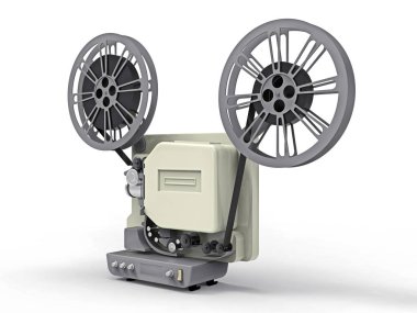 Üç boyutlu film projektörü beyaz arka planda izole edildi. 3d oluşturma.