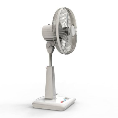 Beyaz elektrikli vantilatör. Beyaz arka planda üç boyutlu bir model. Kürsüde kontrol düğmeleri olan vantilatör. Havalandırma için basit bir cihaz. 3d illüstrasyon.