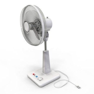 Beyaz elektrikli vantilatör. Beyaz arka planda üç boyutlu bir model. Kürsüde kontrol düğmeleri olan vantilatör. Havalandırma için basit bir cihaz. 3d illüstrasyon.