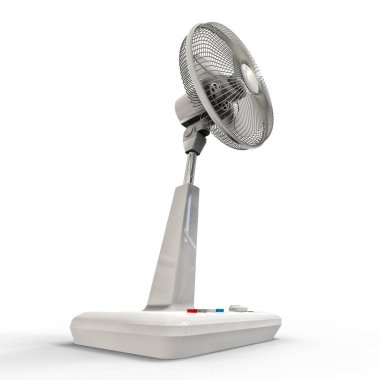 Beyaz elektrikli vantilatör. Beyaz arka planda üç boyutlu bir model. Kürsüde kontrol düğmeleri olan vantilatör. Havalandırma için basit bir cihaz. 3d illüstrasyon.