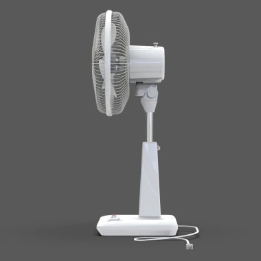 Beyaz elektrikli vantilatör. Gri arka planda üç boyutlu bir model. Kürsüde kontrol düğmeleri olan vantilatör. Havalandırma için basit bir cihaz. 3d illüstrasyon.
