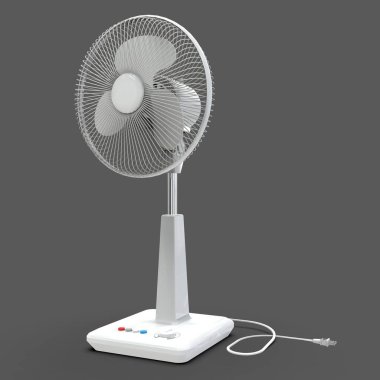 Beyaz elektrikli vantilatör. Gri arka planda üç boyutlu bir model. Kürsüde kontrol düğmeleri olan vantilatör. Havalandırma için basit bir cihaz. 3d illüstrasyon.