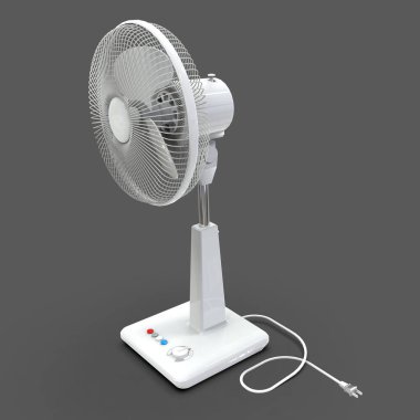 Beyaz elektrikli vantilatör. Gri arka planda üç boyutlu bir model. Kürsüde kontrol düğmeleri olan vantilatör. Havalandırma için basit bir cihaz. 3d illüstrasyon.