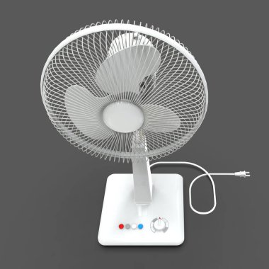 Beyaz elektrikli vantilatör. Gri arka planda üç boyutlu bir model. Kürsüde kontrol düğmeleri olan vantilatör. Havalandırma için basit bir cihaz. 3d illüstrasyon.