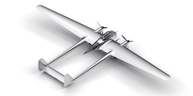 İkinci Dünya Savaşı bombardıman uçağının üç boyutlu modeli. Parlak alüminyum gövdeli, iki kuyruklu ve geniş kanatlı. Turbopervane motoru. Beyaz arka planda parlak gri bir uçak. 3d illüstrasyon.