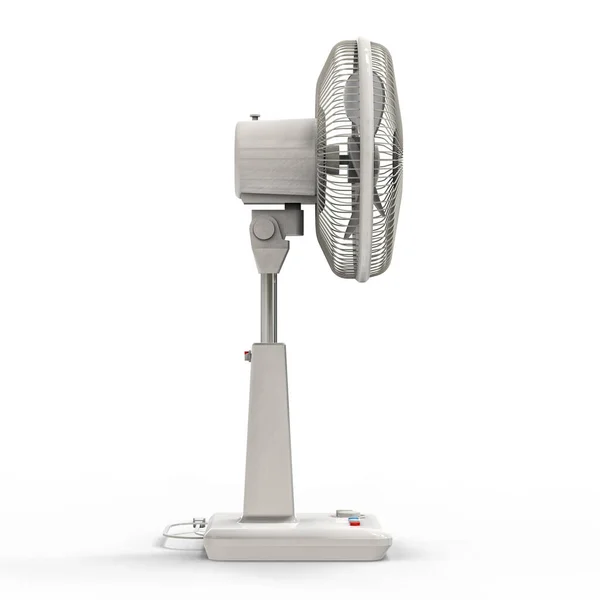 Bílý elektrický ventilátor. Trojrozměrný model na bílém pozadí. Ventilátor s ovládacími tlačítky na stojanu. Jednoduché zařízení pro ventilaci vzduchu. 3D ilustrace. — Stock fotografie