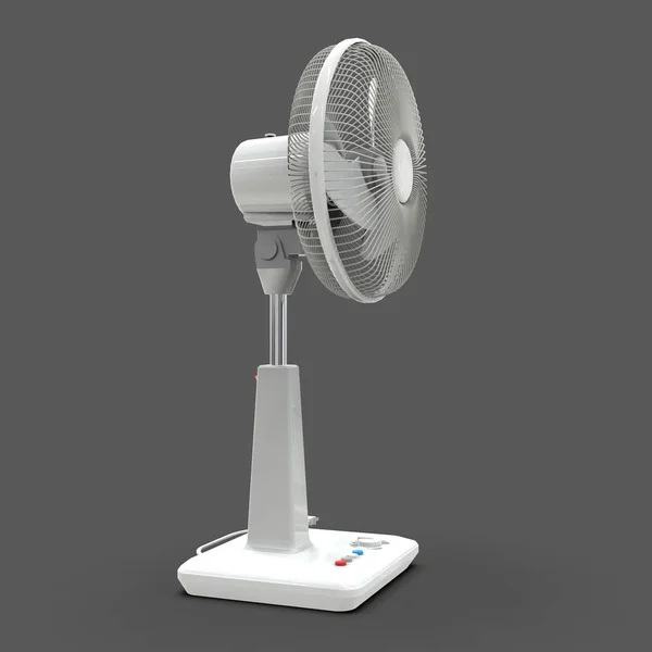 Ventilador eléctrico blanco. Modelo tridimensional sobre fondo gris. Ventilador con botones de control en el soporte. Un dispositivo sencillo para la ventilación de aire. ilustración 3d . —  Fotos de Stock