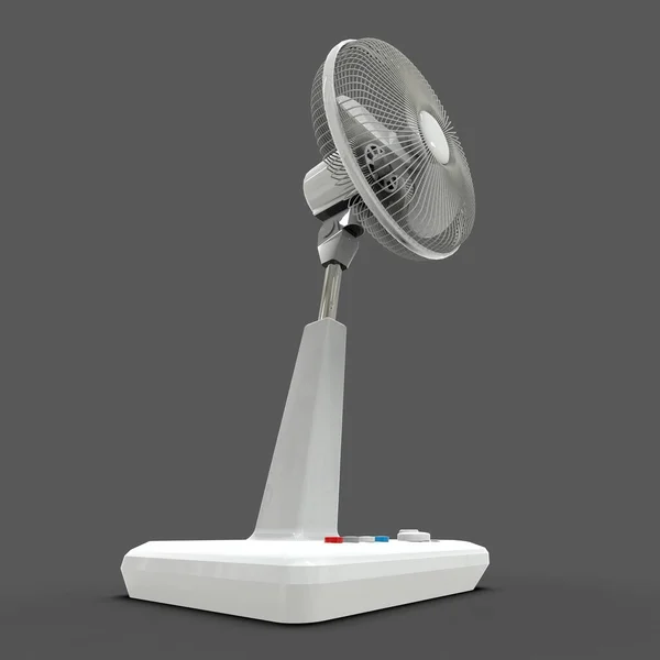 Ventilador eléctrico blanco. Modelo tridimensional sobre fondo gris. Ventilador con botones de control en el soporte. Un dispositivo sencillo para la ventilación de aire. ilustración 3d . —  Fotos de Stock