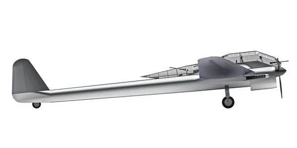 Trójwymiarowy model samolotu bombowego drugiej wojny światowej. Błyszczący aluminiowy korpus z dwoma ogonami i szerokimi skrzydłami. Silnik turbośmigłowy. Błyszczący, szary samolot na białym tle. Ilustracja 3D. — Zdjęcie stockowe