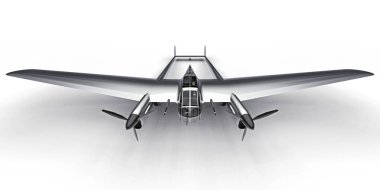 İkinci Dünya Savaşı bombardıman uçağının üç boyutlu modeli. Parlak alüminyum gövdeli, iki kuyruklu ve geniş kanatlı. Turbopervane motoru. Beyaz arka planda parlak gri bir uçak. 3d illüstrasyon.