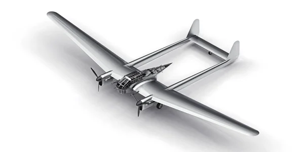 A második világháború bombázó repülőgépeinek háromdimenziós modellje. Fényes alumínium test, két farokkal és széles szárnyakkal. Turbólégcsavaros motor. Fényes szürke repülőgép, fehér háttérrel. 3d illusztráció. — Stock Fotó