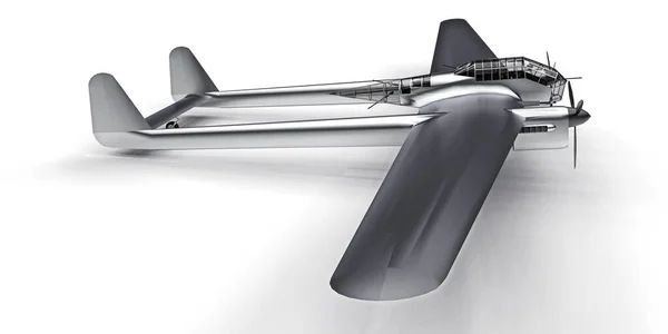 제2 차 세계 대전의 3 차원 폭격기 모델이죠. 꼬리가 두 개이고 날개가 넓은 빛나는 알루미늄 몸체. 터보프롭 엔진. 흰 배경에 반짝이는 회색 비행기. 3d 삽화. — 스톡 사진