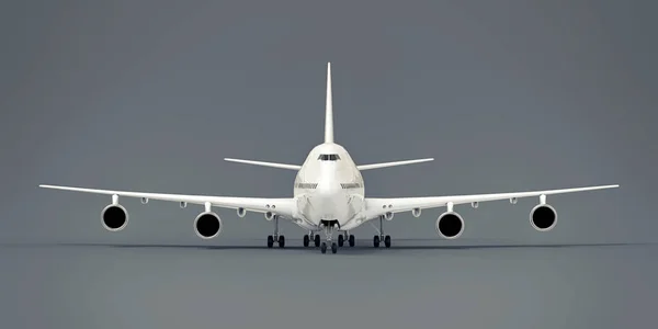 Grandes aeronaves de passageiros de grande capacidade para voos transatlânticos longos. Avião branco em fundo cinzento isolado. ilustração 3d. — Fotografia de Stock