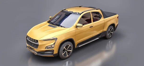3D-Illustration eines gelben Konzeptlastwagens auf grauem, isoliertem Hintergrund. 3D-Darstellung. — Stockfoto