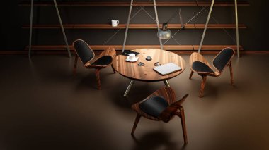 Loş ışıklı odanın içi üç sandalye ve bir masa ile modern bir iş tarzında yapılmıştır. Sandalyeler, masa ve raflar ahşaptan yapılmıştır. 3d illüstrasyon.