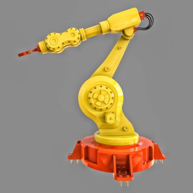 Fabrikada ya da üretimdeki her iş için robotik sarı kol. Karmaşık görevler için mekanik ekipman. 3d illüstrasyon