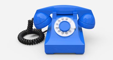 Beyaz arka planda eski bir mavi arama telefonu. 3d illüstrasyon