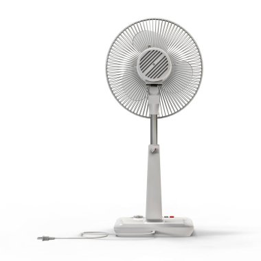 Beyaz elektrikli vantilatör. Beyaz arka planda üç boyutlu bir model. Kürsüde kontrol düğmeleri olan vantilatör. Havalandırma için basit bir cihaz. 3d illüstrasyon