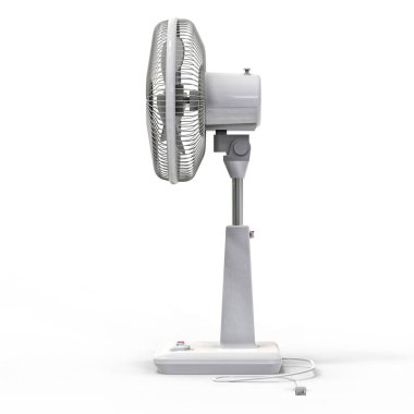 Beyaz elektrikli vantilatör. Beyaz arka planda üç boyutlu bir model. Kürsüde kontrol düğmeleri olan vantilatör. Havalandırma için basit bir cihaz. 3d illüstrasyon