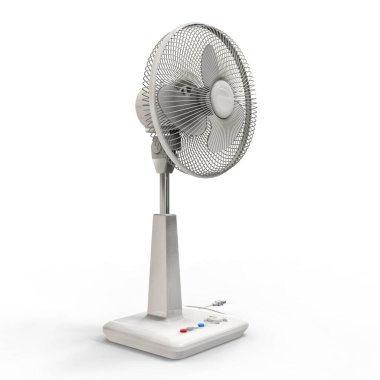 Beyaz elektrikli vantilatör. Beyaz arka planda üç boyutlu bir model. Kürsüde kontrol düğmeleri olan vantilatör. Havalandırma için basit bir cihaz. 3d illüstrasyon