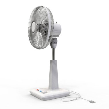 Beyaz elektrikli vantilatör. Beyaz arka planda üç boyutlu bir model. Kürsüde kontrol düğmeleri olan vantilatör. Havalandırma için basit bir cihaz. 3d illüstrasyon