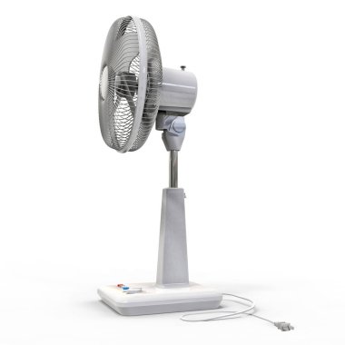 Beyaz elektrikli vantilatör. Beyaz arka planda üç boyutlu bir model. Kürsüde kontrol düğmeleri olan vantilatör. Havalandırma için basit bir cihaz. 3d illüstrasyon