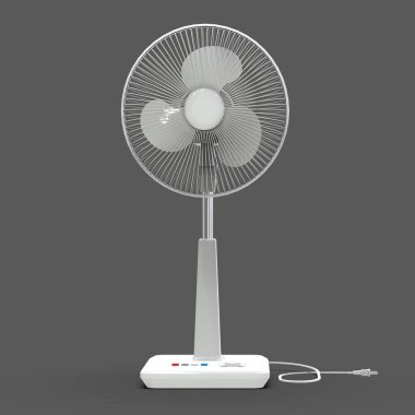 Beyaz elektrikli vantilatör. Gri arka planda üç boyutlu bir model. Kürsüde kontrol düğmeleri olan vantilatör. Havalandırma için basit bir cihaz. 3d illüstrasyon