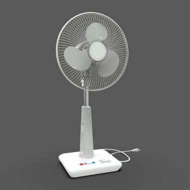 Beyaz elektrikli vantilatör. Gri arka planda üç boyutlu bir model. Kürsüde kontrol düğmeleri olan vantilatör. Havalandırma için basit bir cihaz. 3d illüstrasyon