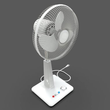 Beyaz elektrikli vantilatör. Gri arka planda üç boyutlu bir model. Kürsüde kontrol düğmeleri olan vantilatör. Havalandırma için basit bir cihaz. 3d illüstrasyon