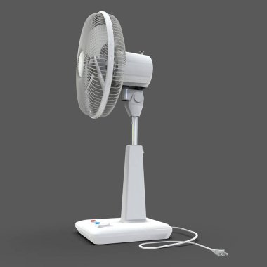 Beyaz elektrikli vantilatör. Gri arka planda üç boyutlu bir model. Kürsüde kontrol düğmeleri olan vantilatör. Havalandırma için basit bir cihaz. 3d illüstrasyon