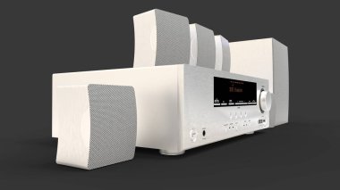 DVD alıcısı ve hoparlörlü ev sinema sistemi ve alüminyumdan yapılmış subwoofer. 3d illüstrasyon