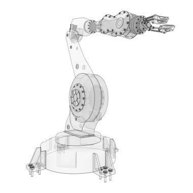 Bir fabrikada veya üretimdeki her iş için robot kolu. Karmaşık görevler için mekanik ekipman. 3d illüstrasyon
