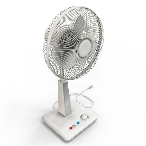 白い電気ファン 白い背景の三次元モデル スタンドにコントロールボタンが付いているファン 空気換気のためのシンプルなデバイス 3Dイラスト — ストック写真