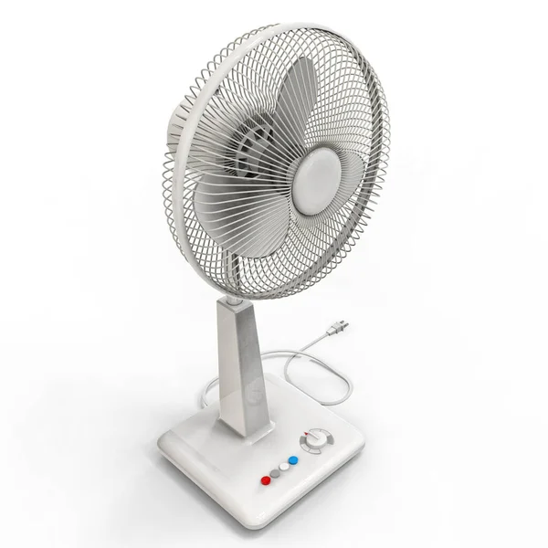 Beyaz elektrikli vantilatör. Beyaz arka planda üç boyutlu bir model. Kürsüde kontrol düğmeleri olan vantilatör. Havalandırma için basit bir cihaz. 3d illüstrasyon