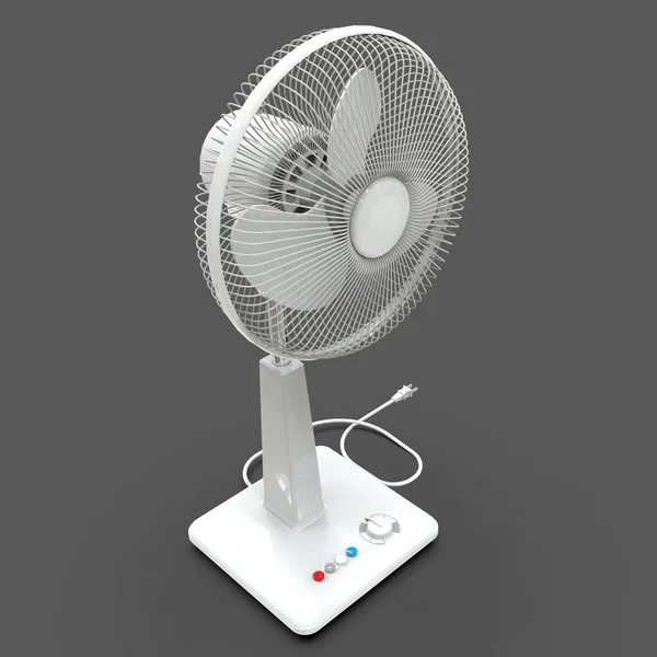 白い電気ファン グレーの背景に立体モデル スタンドにコントロールボタンが付いているファン 空気換気のためのシンプルなデバイス 3Dイラスト — ストック写真