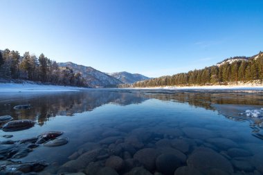 beautiful mountain river in frosty winter