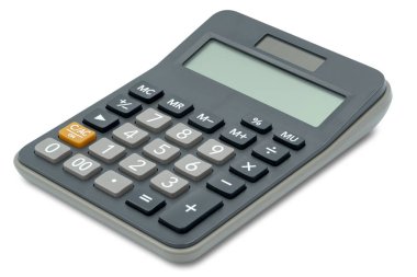 Klasik tip ofis hesap makinesi beyaz arka planda izole edildi