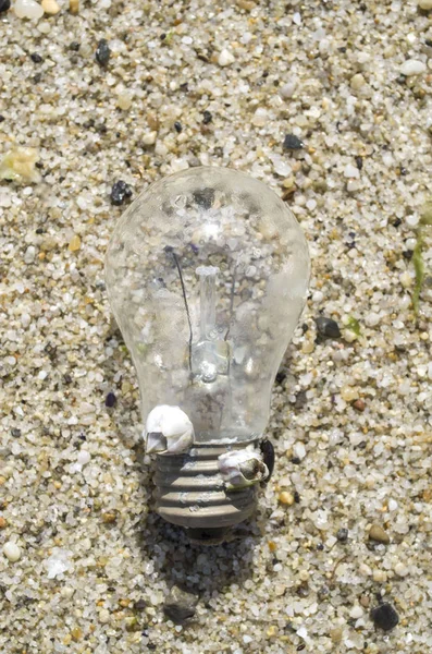Old light bulb in the sand on the beach — Stock Photo, Image