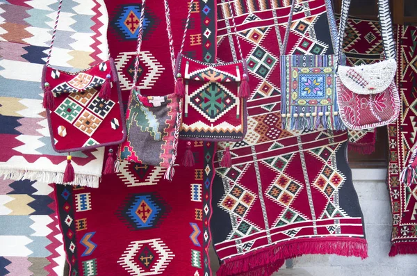 Colorful traditional carpets and bags in  Albania — Stock Photo, Image